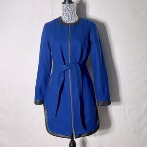 Katherine Barclay Blue Wool Coat With Belt & Faux Leather Trim M